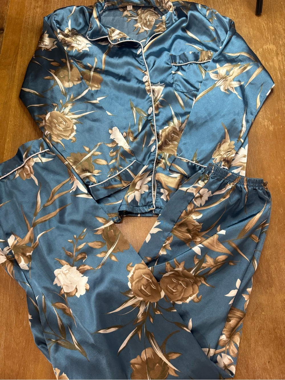 Blue Floral Satin Pajama Set - Women's Two-Piece Sleepwear